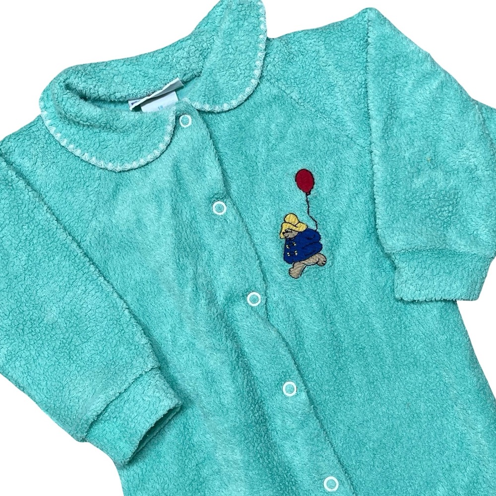 Vintage Paddington Bear Footed Romper Pajamas Unisex 18 M Teal Fleece 90s Y2K